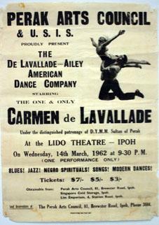 A vintage poster from 1962 announces a performance by the De Lavallade-Ailey American Dance Company featuring Carmen de Lavallade at the Lido Theatre in Ipoh, Malaysia.