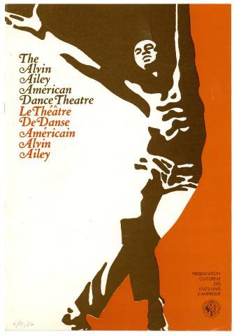 A promotional poster for the Alvin Ailey American Dance Theater's 1967 tour in Africa, featuring stylized images of dancers in brown and orange tones.